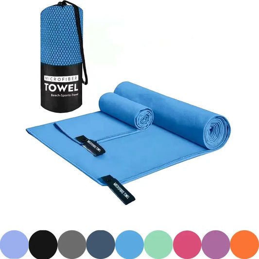 Blue microfiber beach sports travel towel set with carry bag, available in multiple colors.